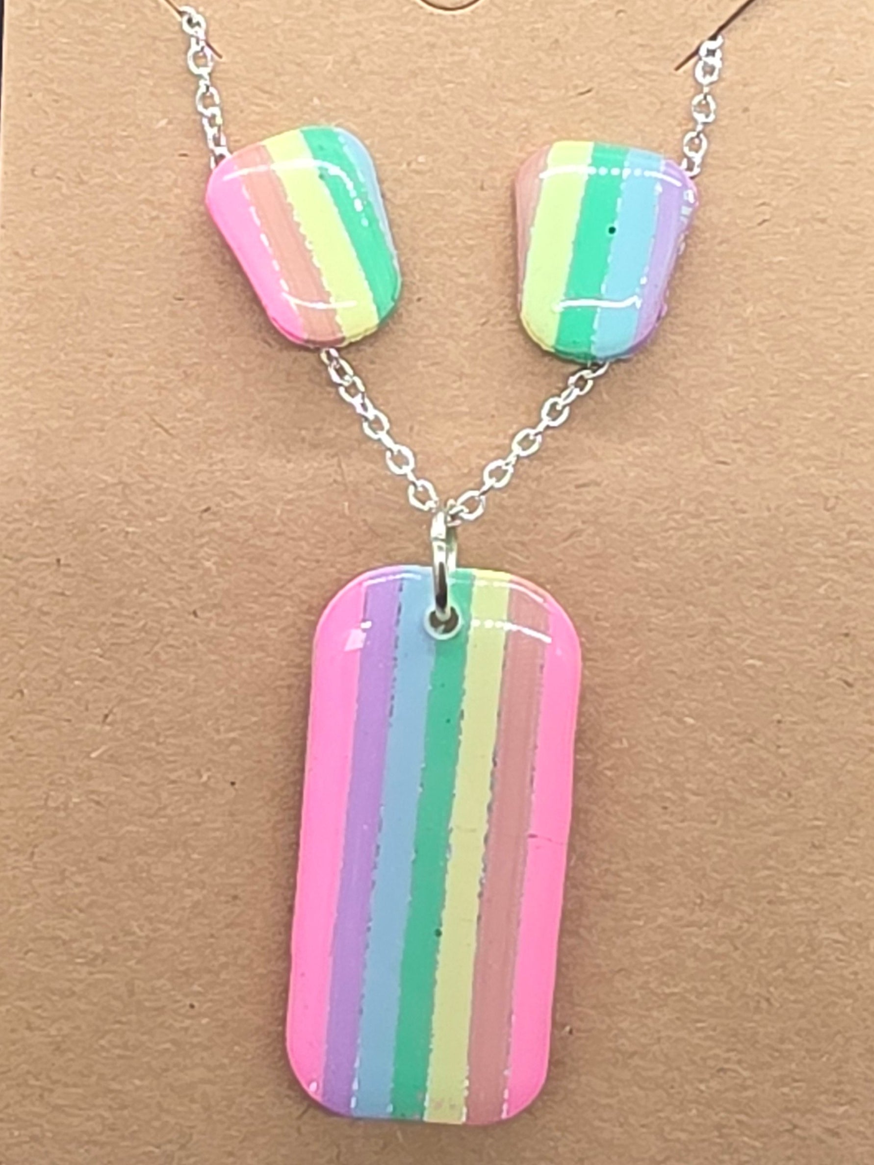 Pastel Rainbow and Sliver Striped Pist Earrings and Necklace Set