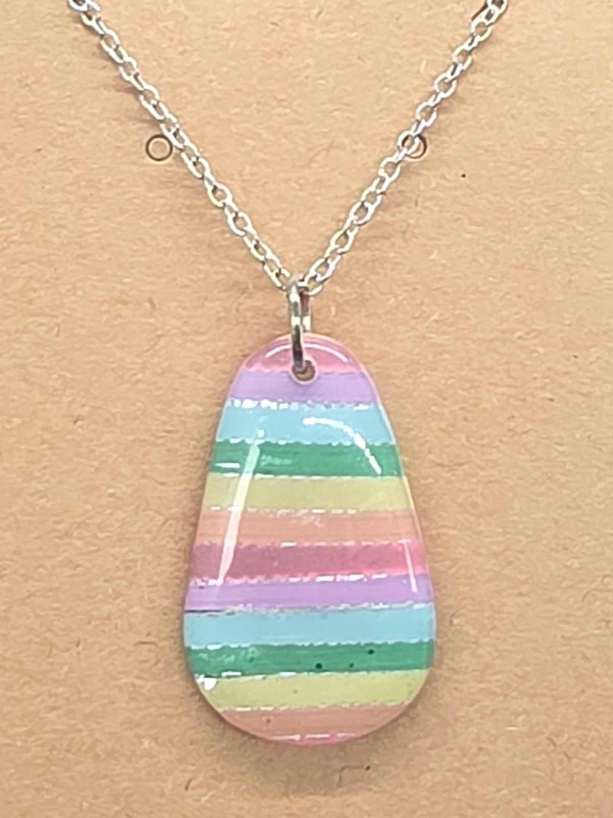 Pastel Rainbow and Silver Striped Water Drop Necklace