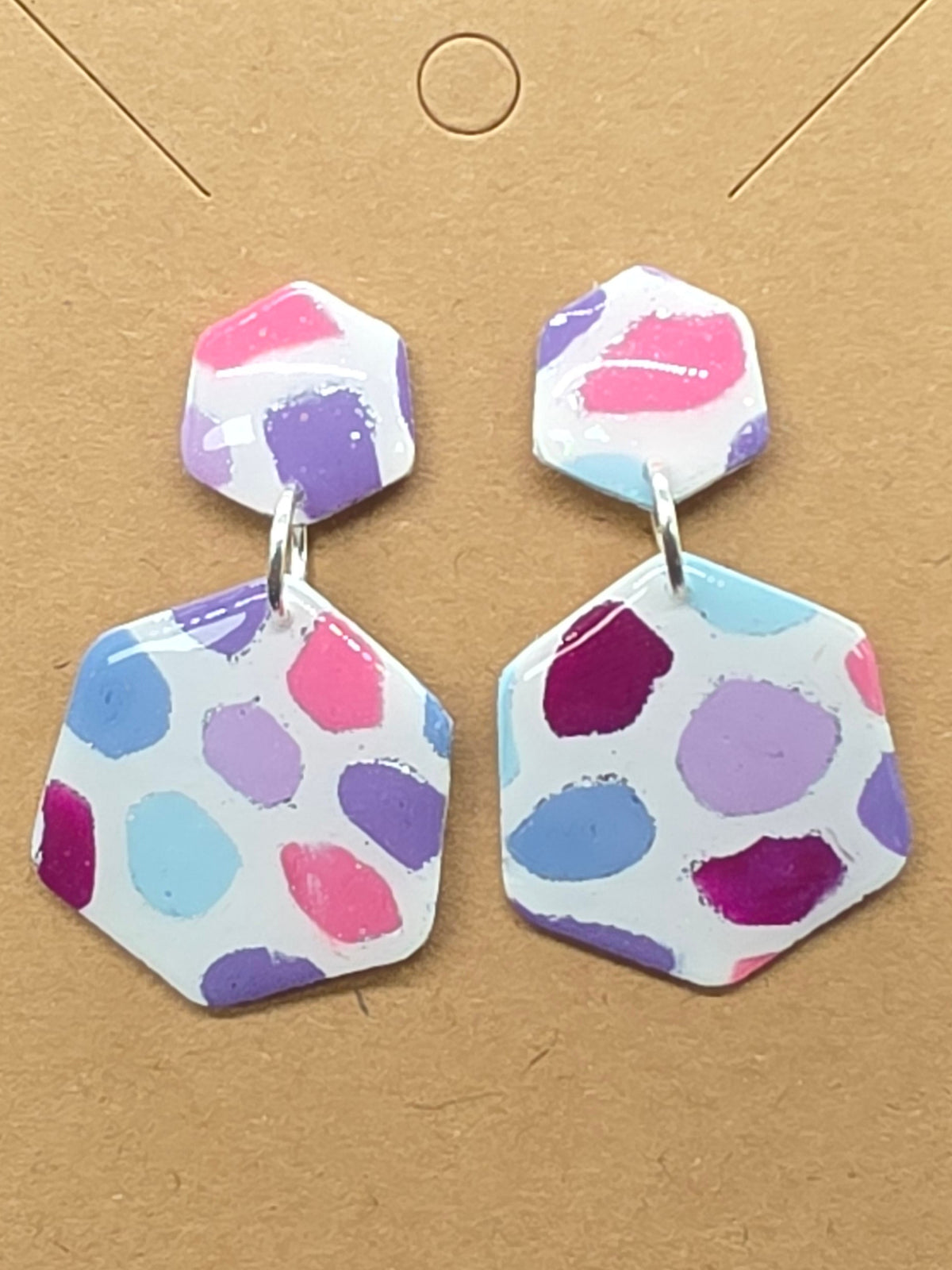 Simple Pastel Polka Dot Hexagon Dangles: Post Back