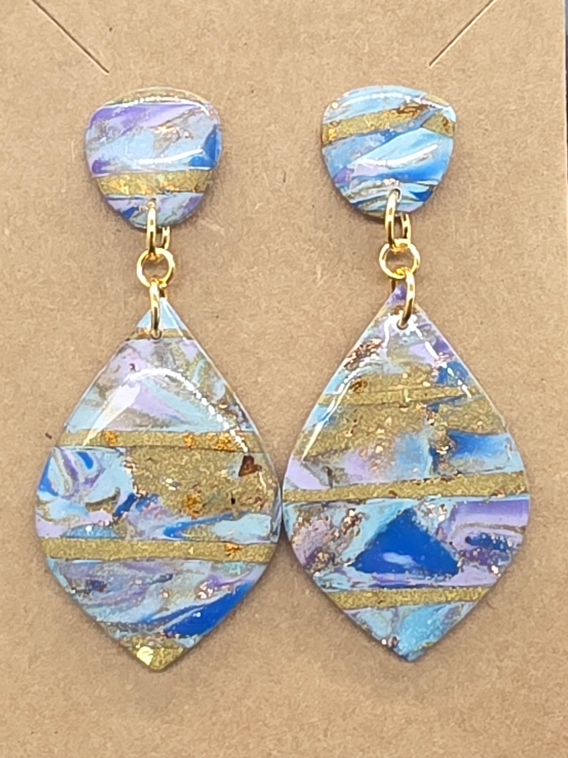 Blue and Gold Striped Leaf Shape Dangles: Post Back