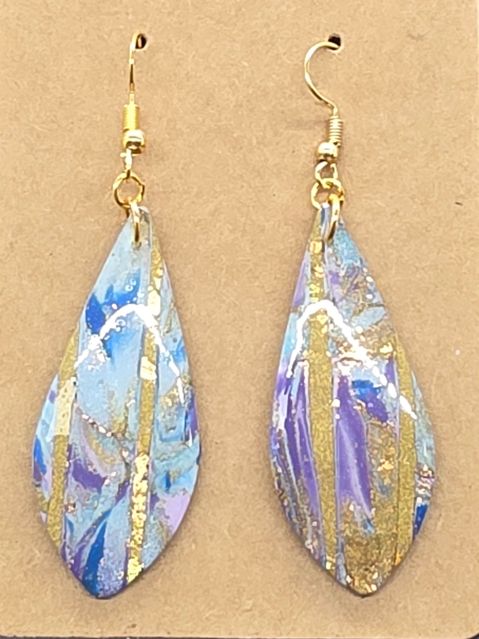 Blue and Gold Striped Tear Drop Dangles: Fishhooks