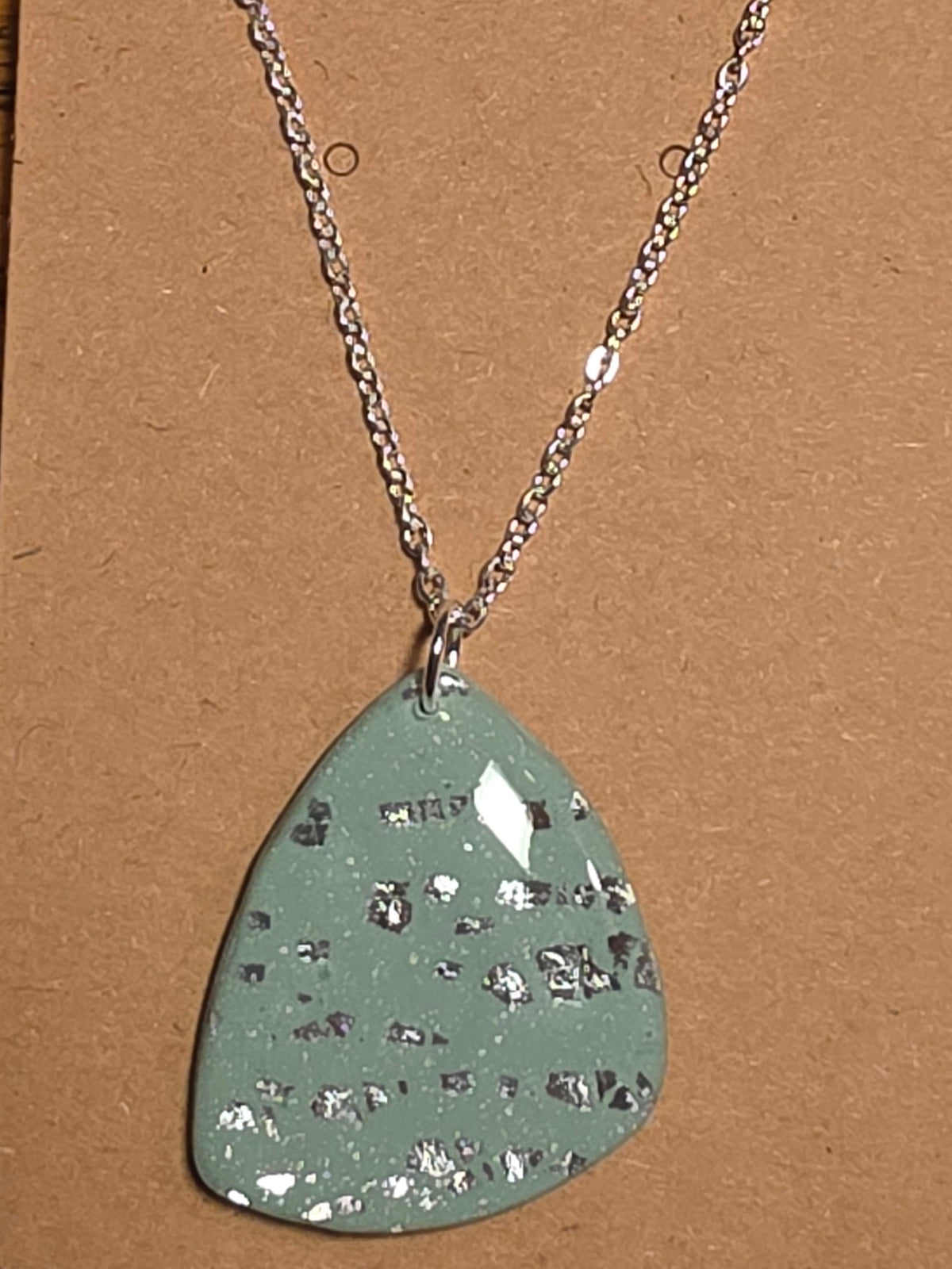 Eucalyptus green with silver butterfly wing large pendant necklace
