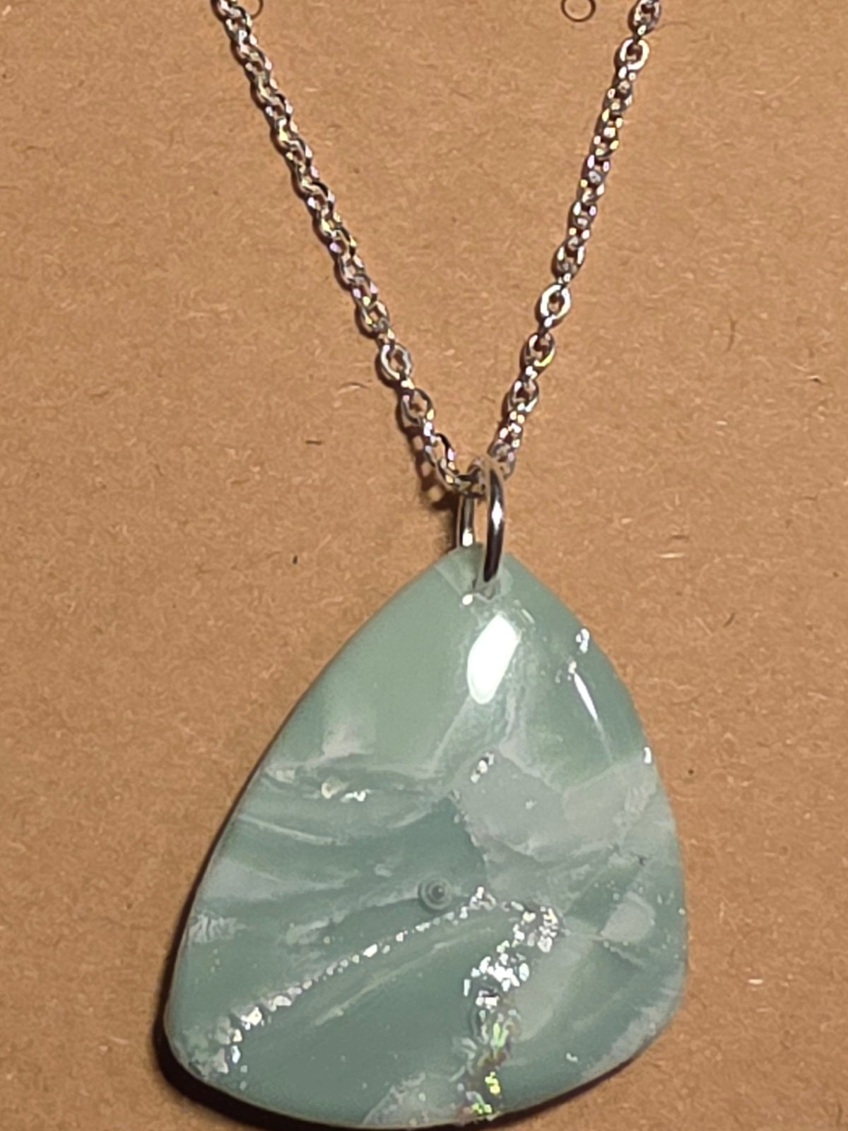 Eucalyptus green with silver butterfly wing large pendant necklace